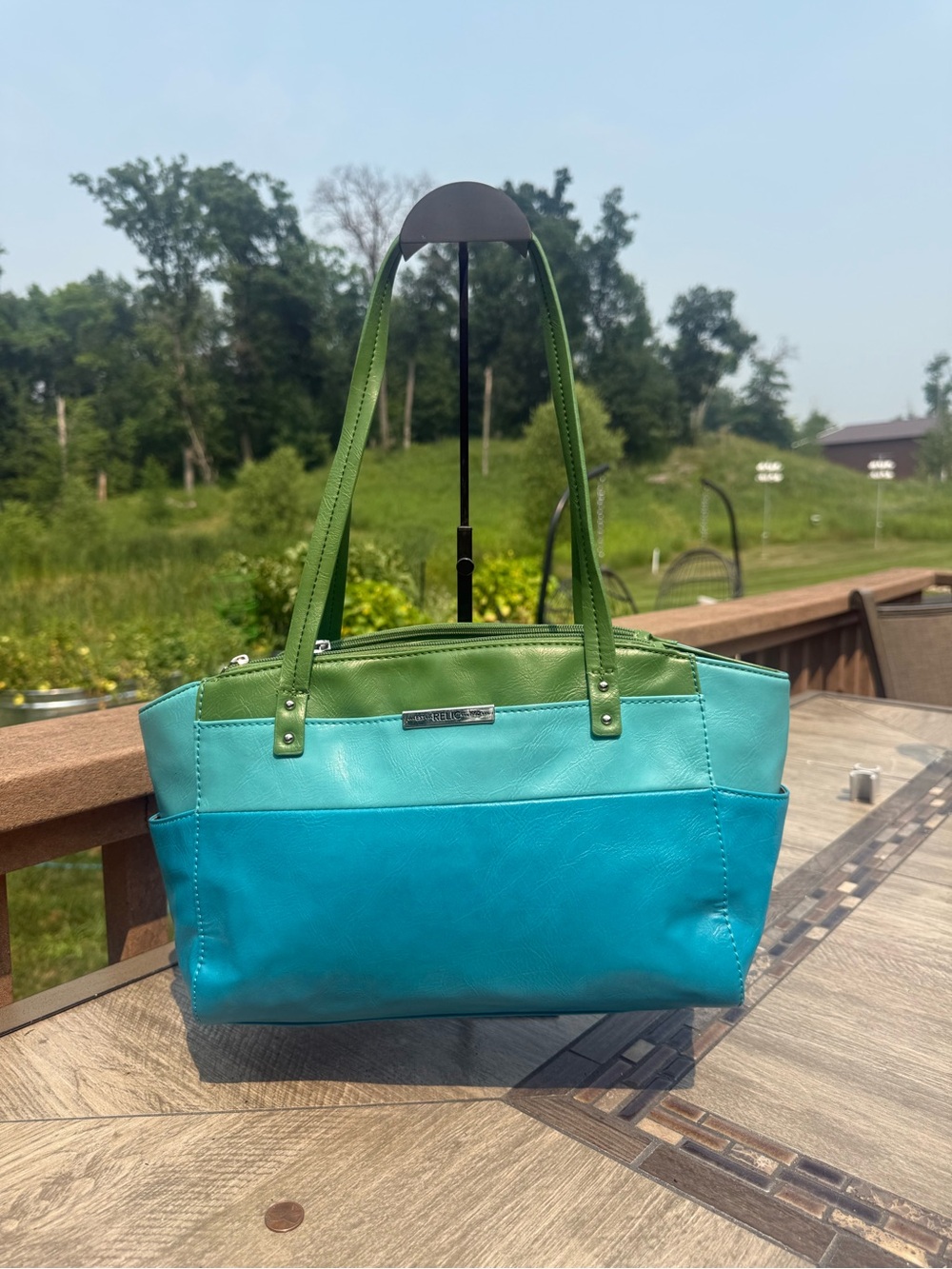 EUC Relic by Fossil faux Blue Green colorblock tote bag